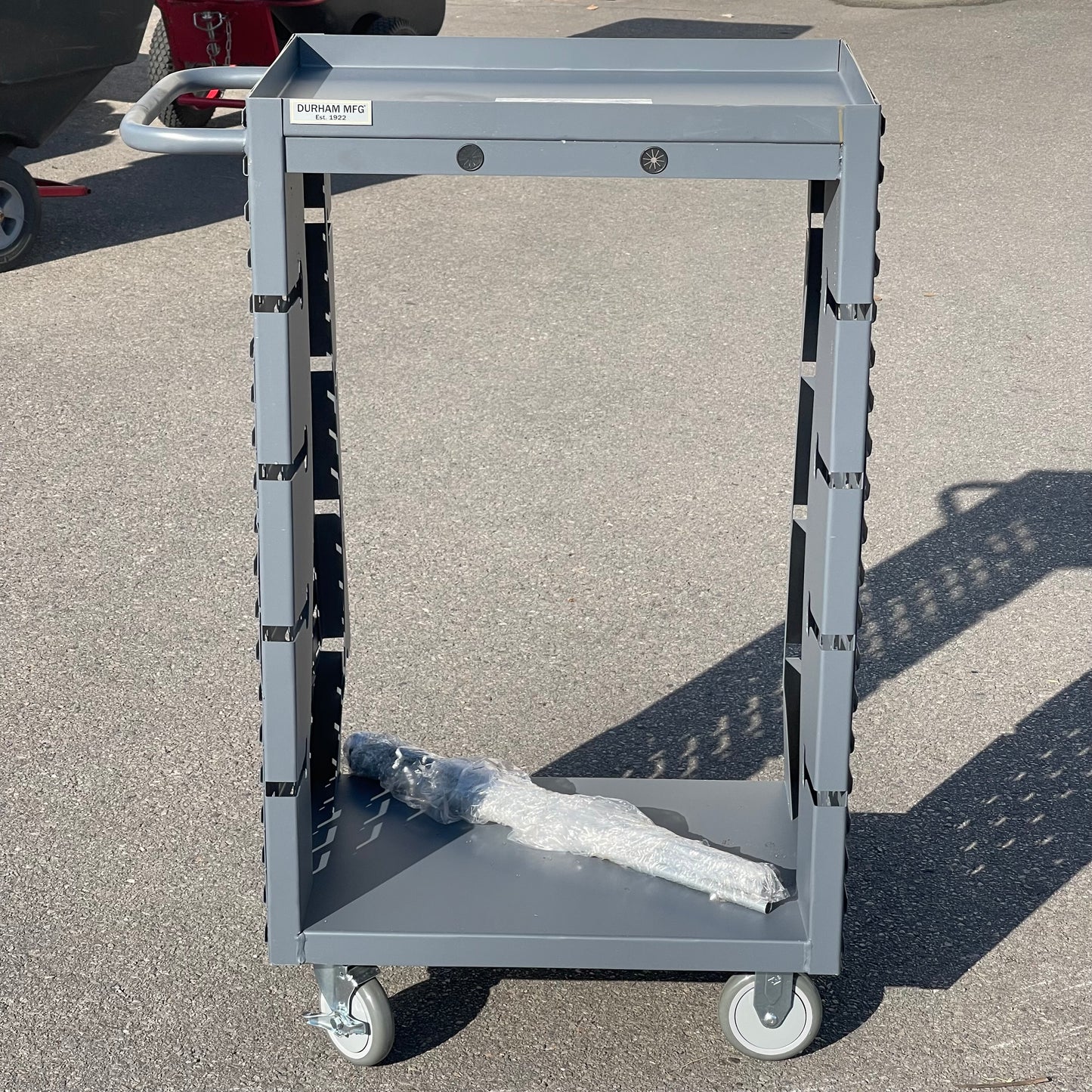DURHAM 8-Rod Mobile Wire Spool Rack Cart with 2 Sides of Louvered Panels 32"x18"x46.5" Grey MWSR8-LP-95