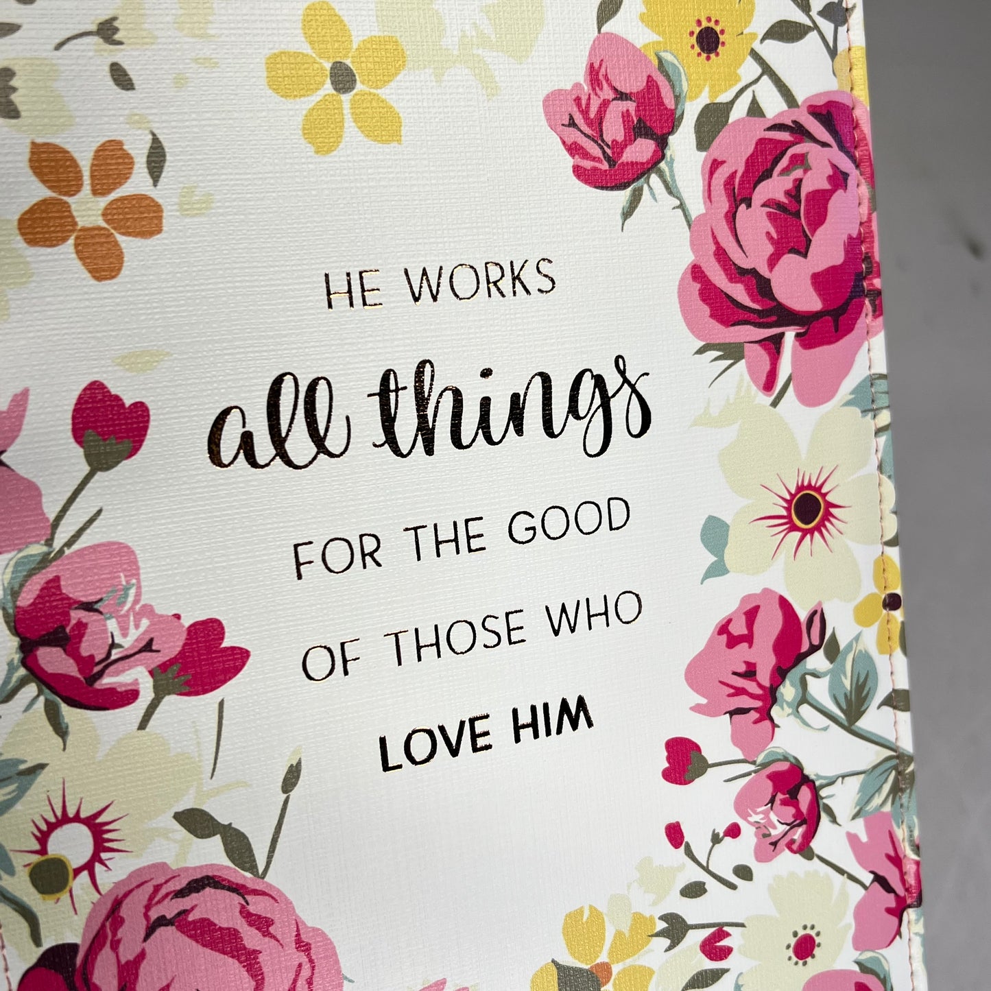 CHRISTIAN ART GIFTS Romans 8:28 Faux Leather Fashion Bible Cover 8"x11' Peach