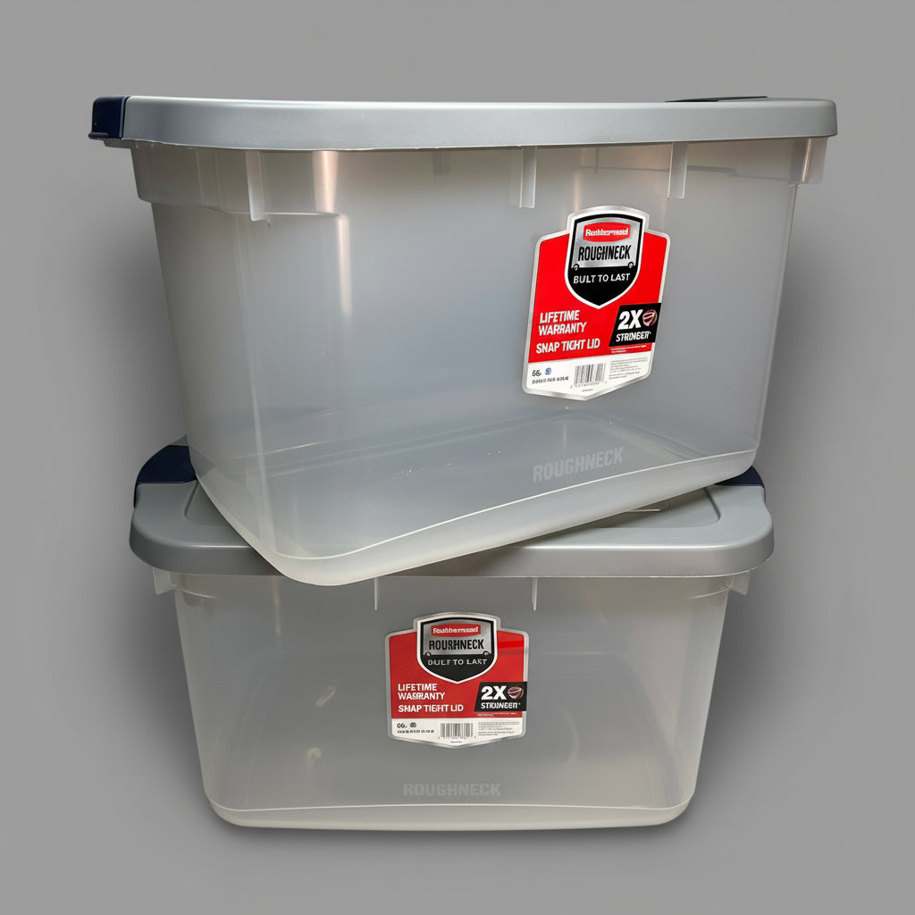 ZA@ RUBBERMAID (2 PACK) Roughneck Storage Tote Break-Resistant Material 66 qt Clear RMRC066001 C