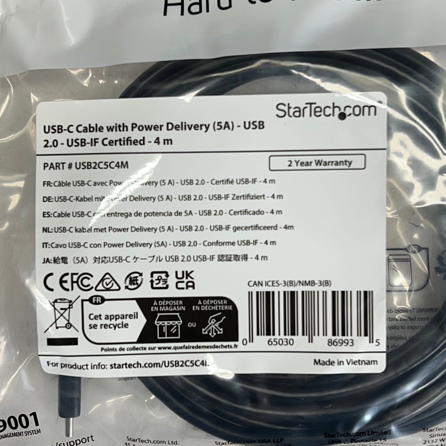 STARTECH USB-C Cable W/ Power Delivery (5a) Fast Charging 13' Black ISB2C5C4M