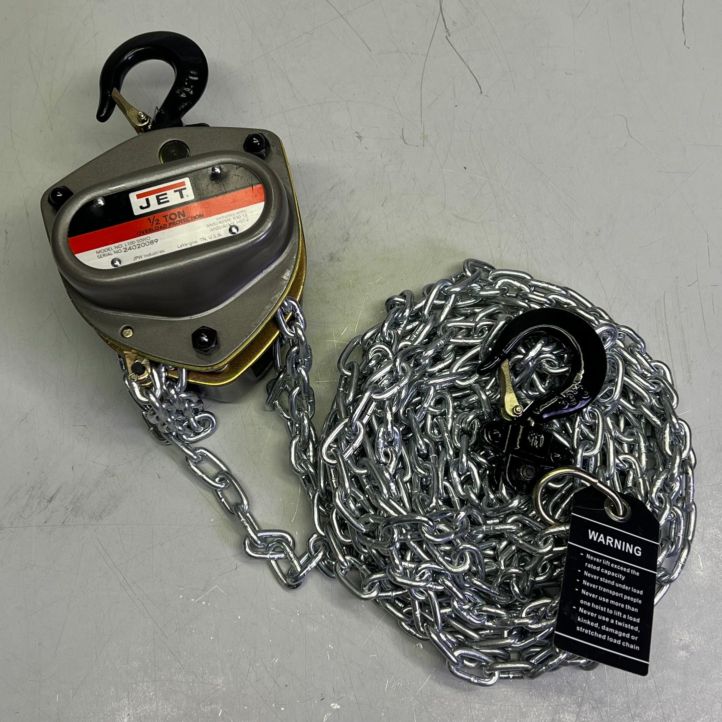 JET Chain Hand Hoist W/ Overload Protection 10ft - 1/2 Ton Chrome/Gray 100-50-10