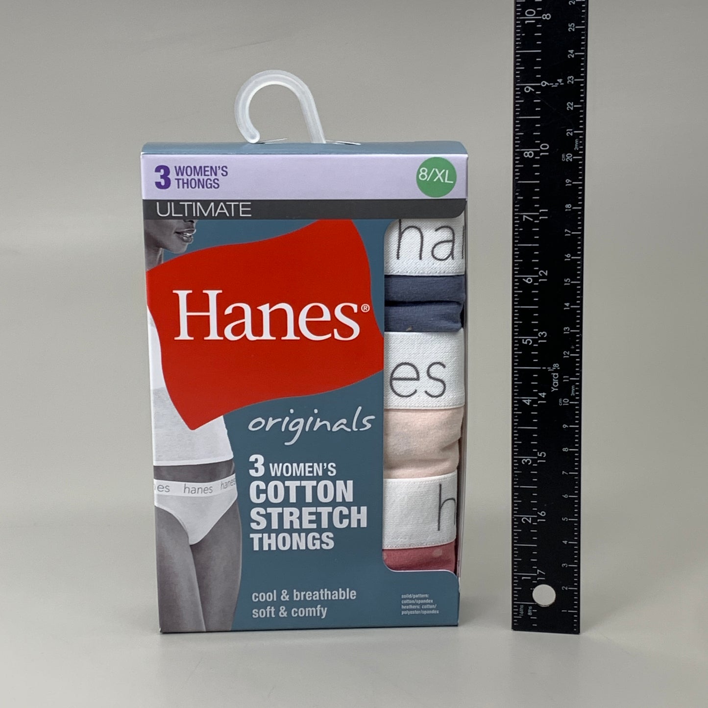 HANES 3 PACK!! Originals Women's Breathable Cotton Stretch Thongs Underwear Sz 8/XL Blue/Buff/Pink 45OUBT