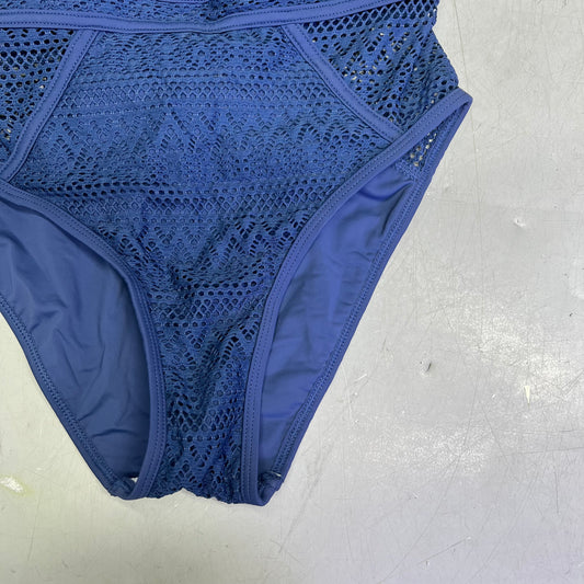 CHARMO Solid Cross Plunge Crochet One Piece Swimsuit Women's Sz S Blue