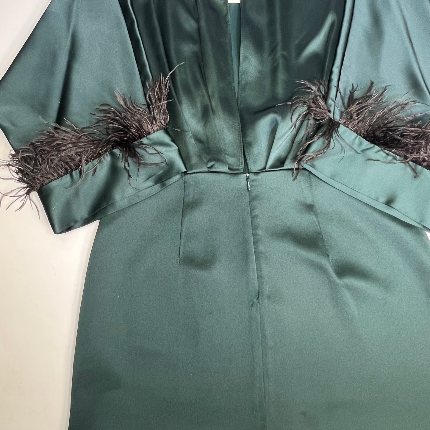 ZARA Open Back Feather Satin Effect Short Dress Women's Sz XS Dark Green/Black