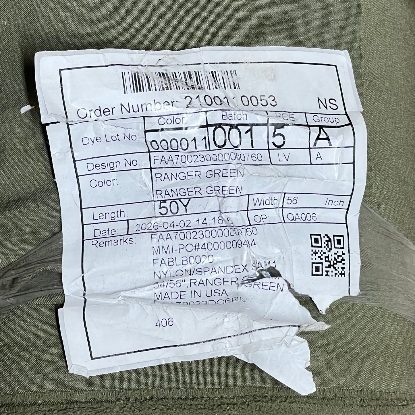 Denier Cordura Fabric  55" x 50 Yds Range Green FAA700230000000760