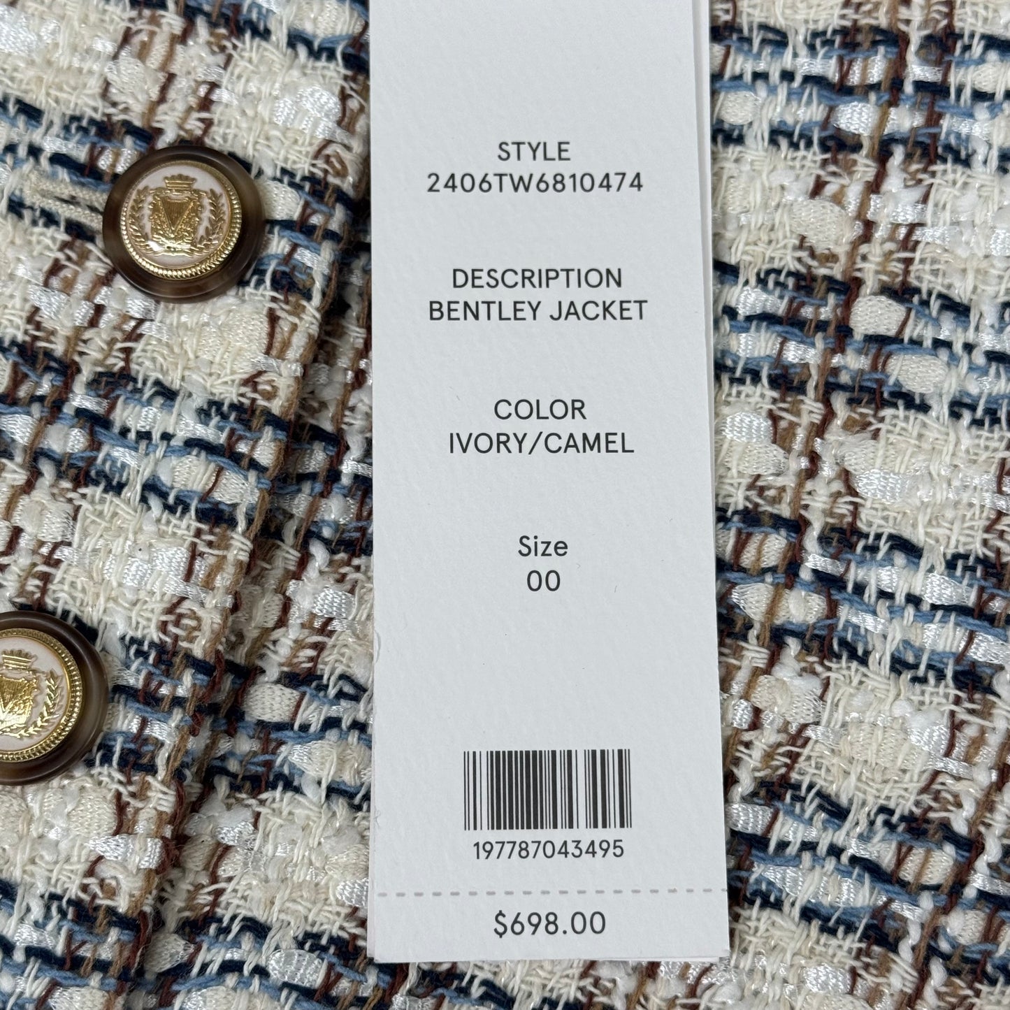 VERONICA BEARD Bentley Tweed Jacket Sz-00 Ivory/Camel 2406TW6810474