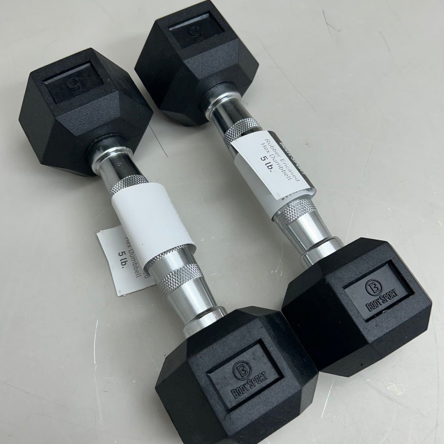 BODY SPORT (2 Pack) Rubber Encased Hex Dumbbells 5lbs Black BDSRSDB05