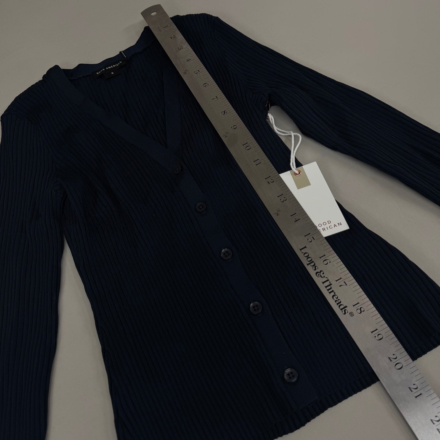 GOOD AMERICAN Shine Rib V-Neck Cardigan Women's Sz Small NEW Navy002 GSK0245