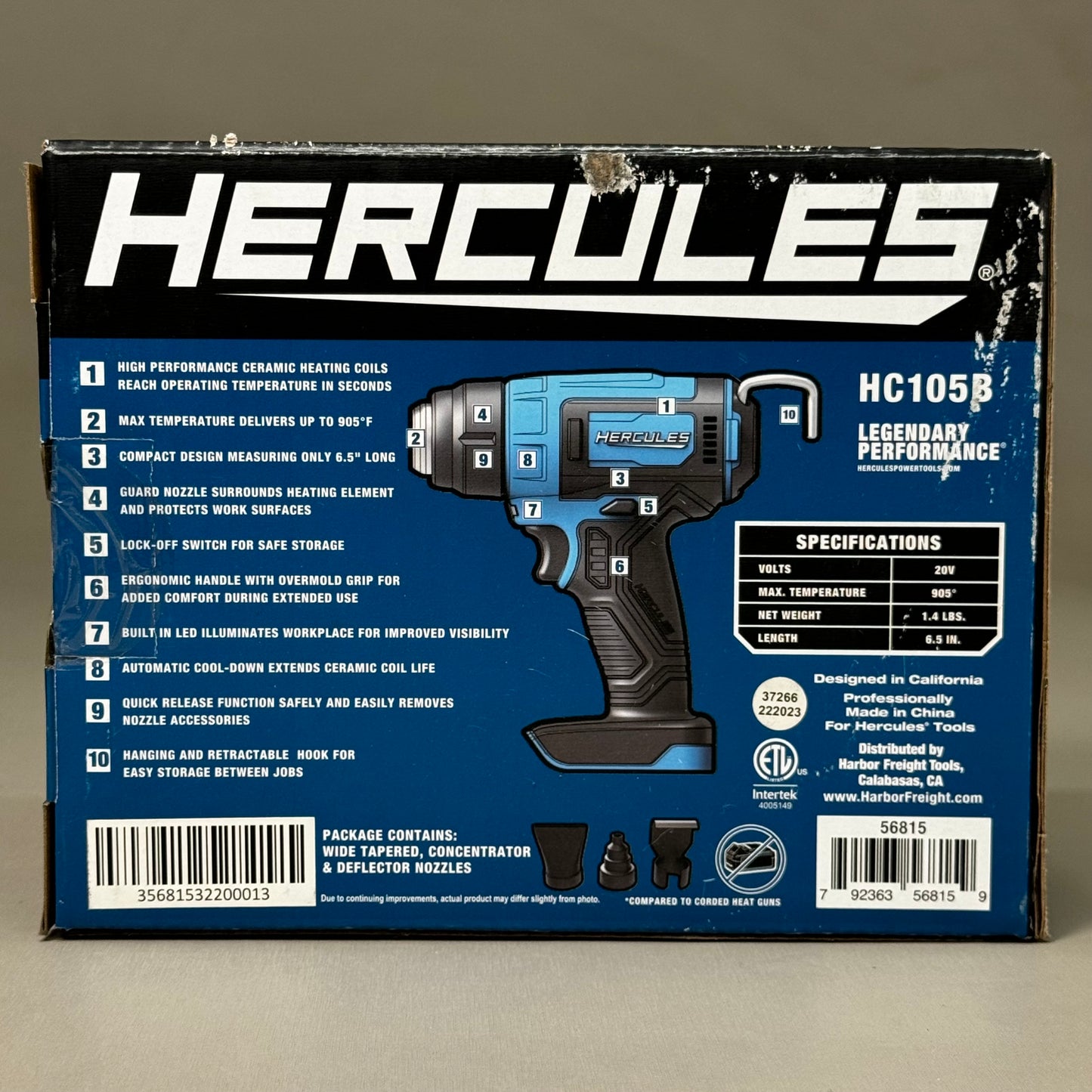 HERCULES 20V Lithium-Ion Cordless Compact Heat Gun 7" x 8 1/2" Blue HC105B