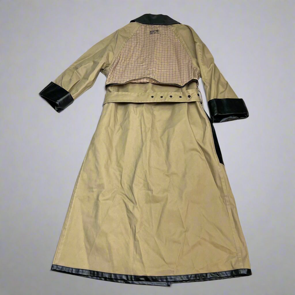 KOCHE MO & CO. Reversible Tie Around Trench Coat Unisex Sz M Khaki/Plaid/Black