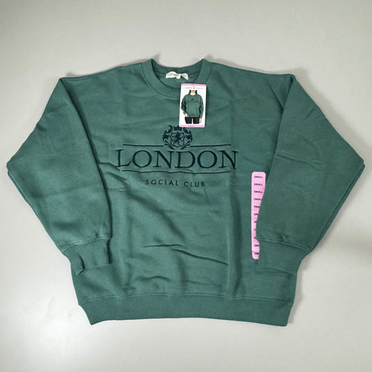 STATE OF MINE London Embroidered Crewneck Hoodie Sage Women's Sz S 15711