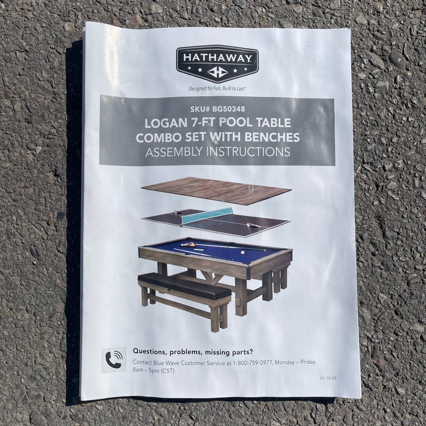 ZA@ HATHAWAY LOGAN 7-ft Pool Table Combo Set w/ Benches, Rustic Gray w/ Blue Felt BG50348 (AS-IS, damaged felt)