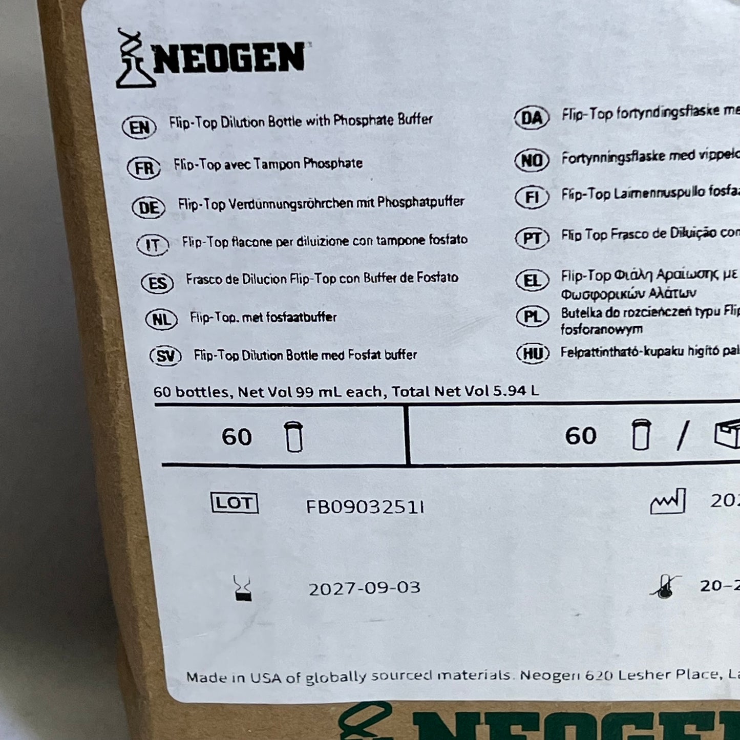 NEOGEN (60 PACK) Flip Top Dilution Bottle W/ Phosphate Buffer 99 mL BB 09/2027