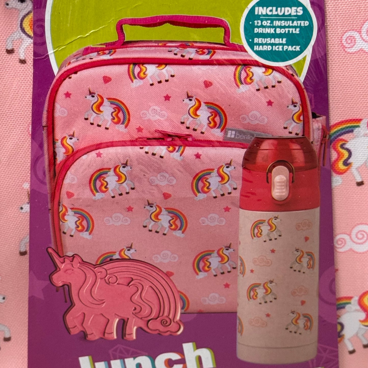 BENTOLOGY Unicorn Rainbow Deluxe Lunch Kit 13 oz Water Bottle Pink TBI-UNICORN-905