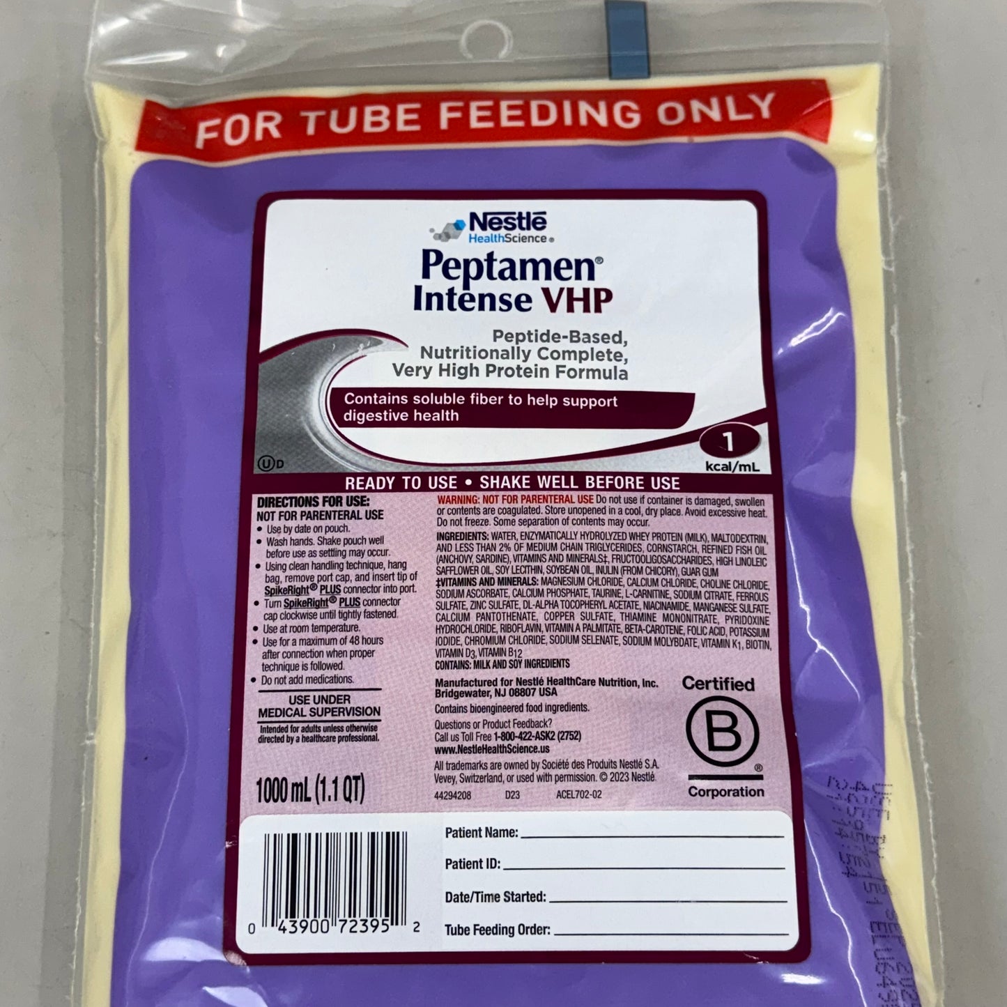 NESTLE (6 PACK) Peptamen Intense VHP Unflavoured Feeding Tube Peptide 1L BB 09/25