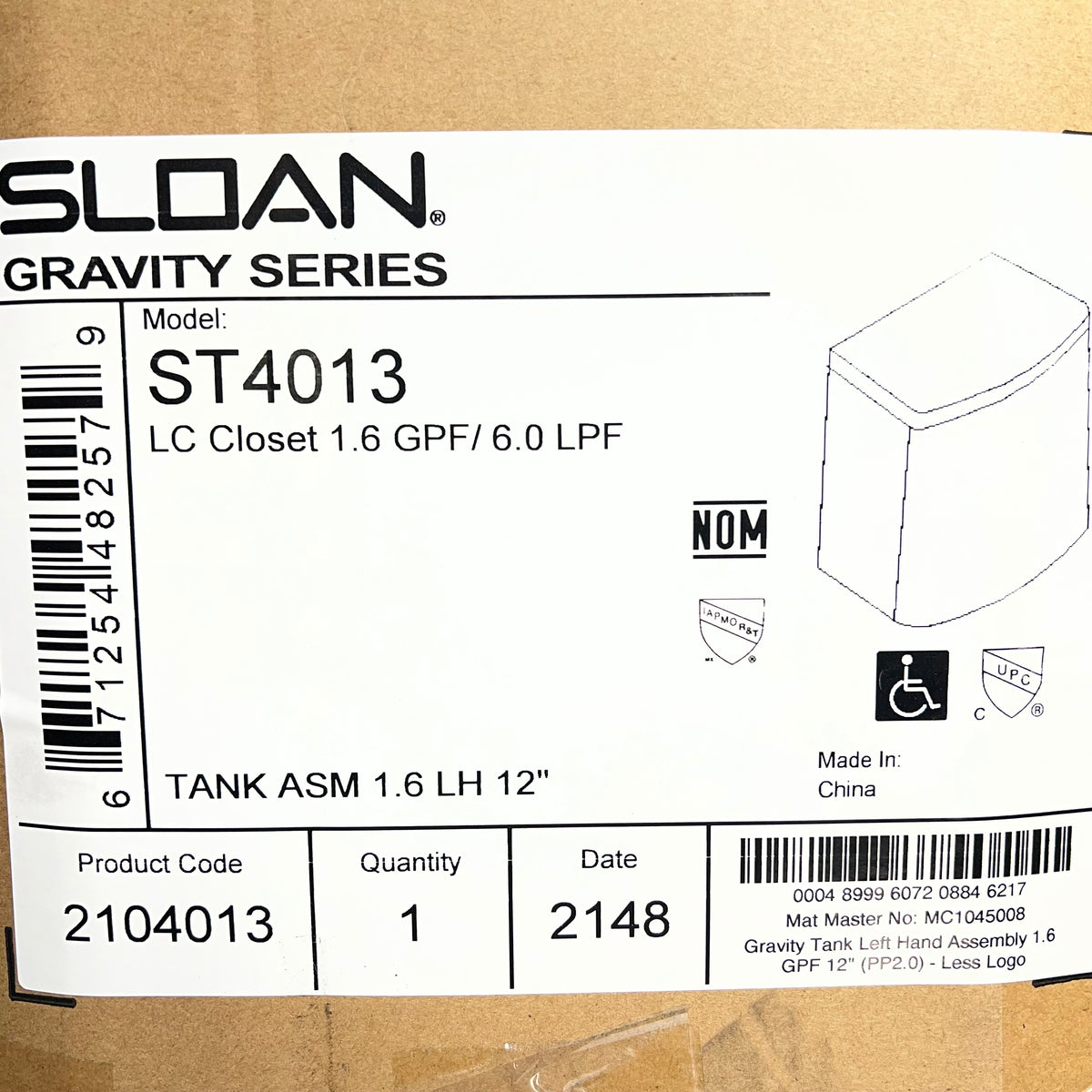 ZA@ SLOAN Tank Asm Left Hand  1.6 Gpf 12" Rough in  White 2104013 (As-Is)