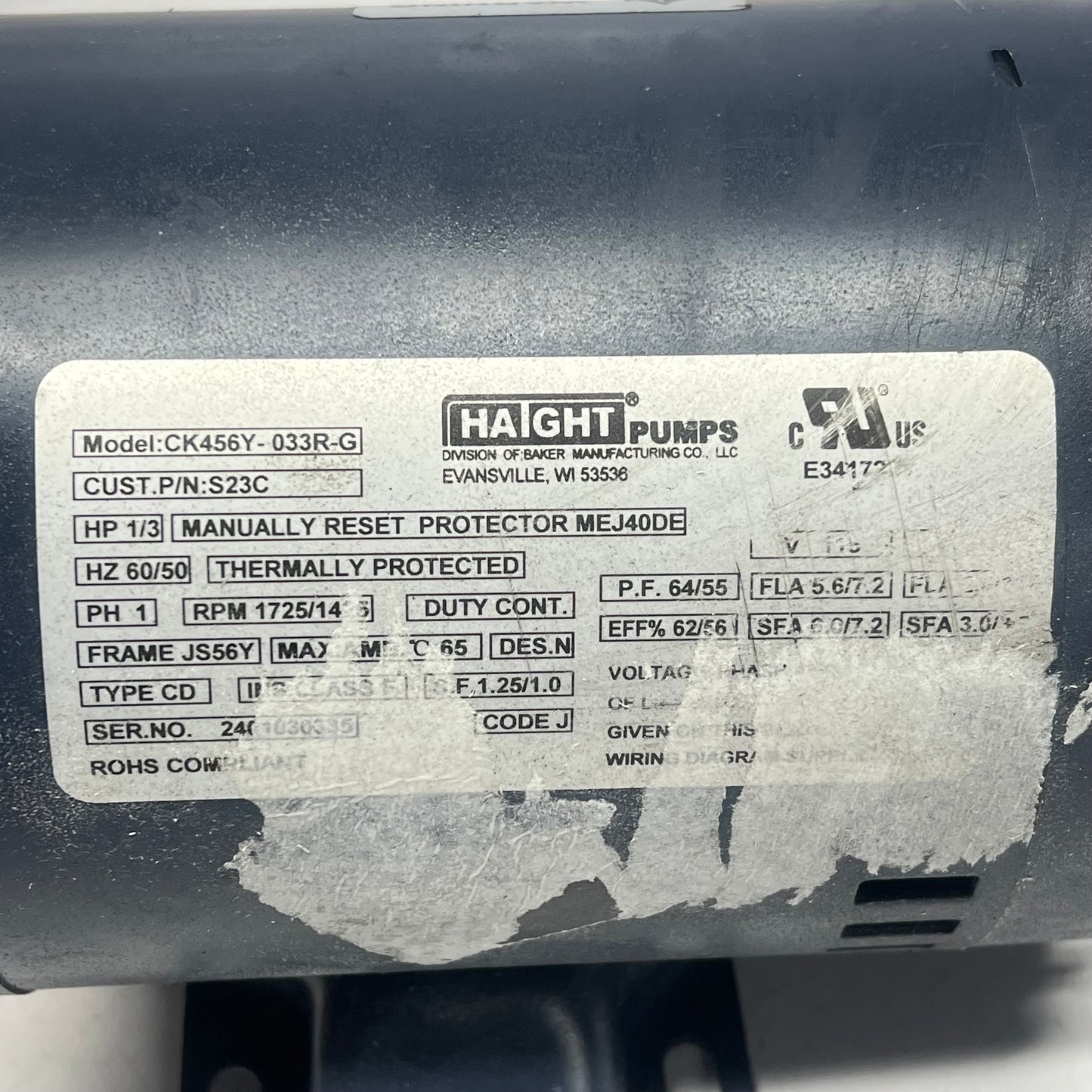 HAIGHT Pump & Motor Hot Oil/fryer Unit 1/3HP 115V CK456Y-033R-G (New Other)