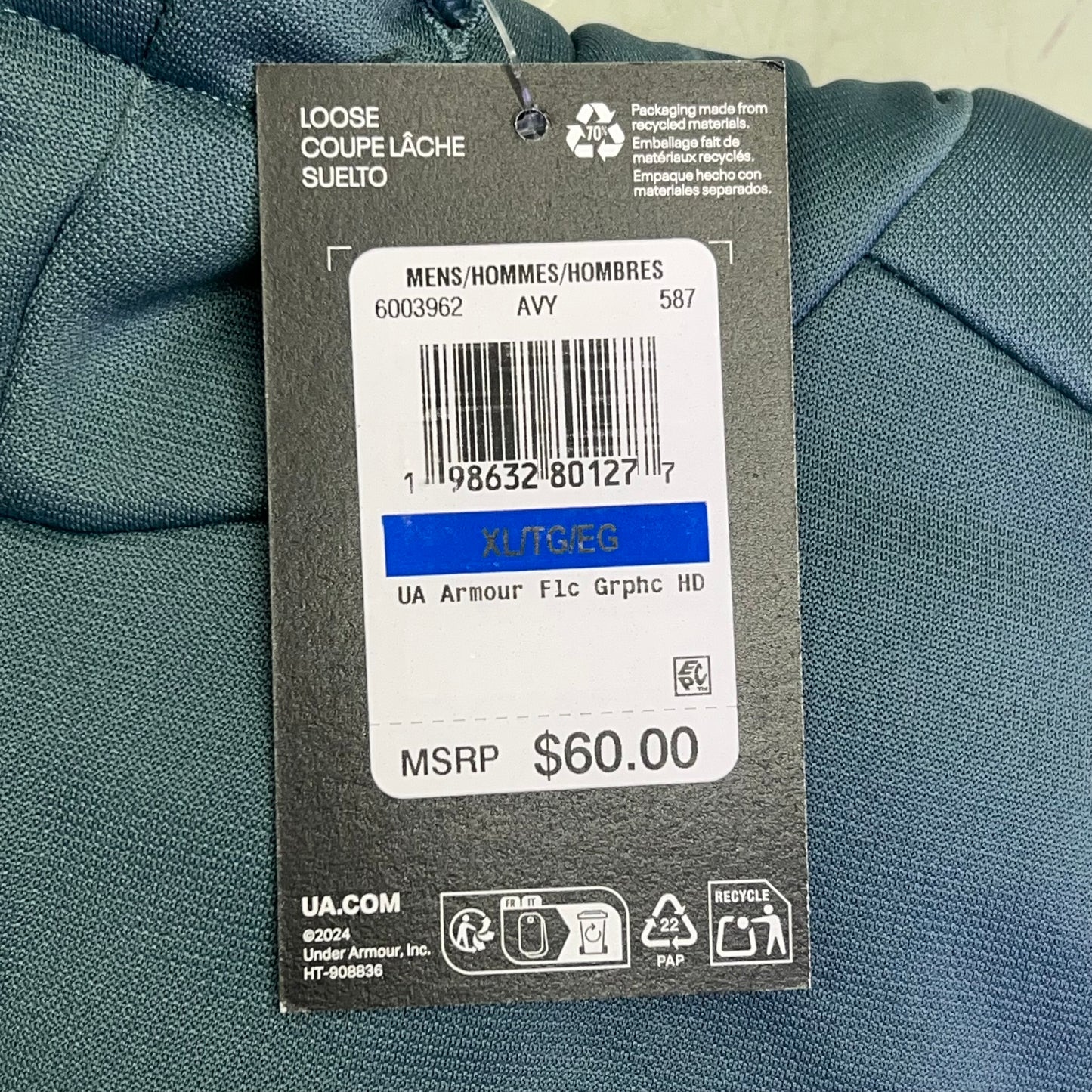 UNDER ARMOUR Breathable Fleece Graphic Hoodie Men's Sz XL Jasper Blue 6003962