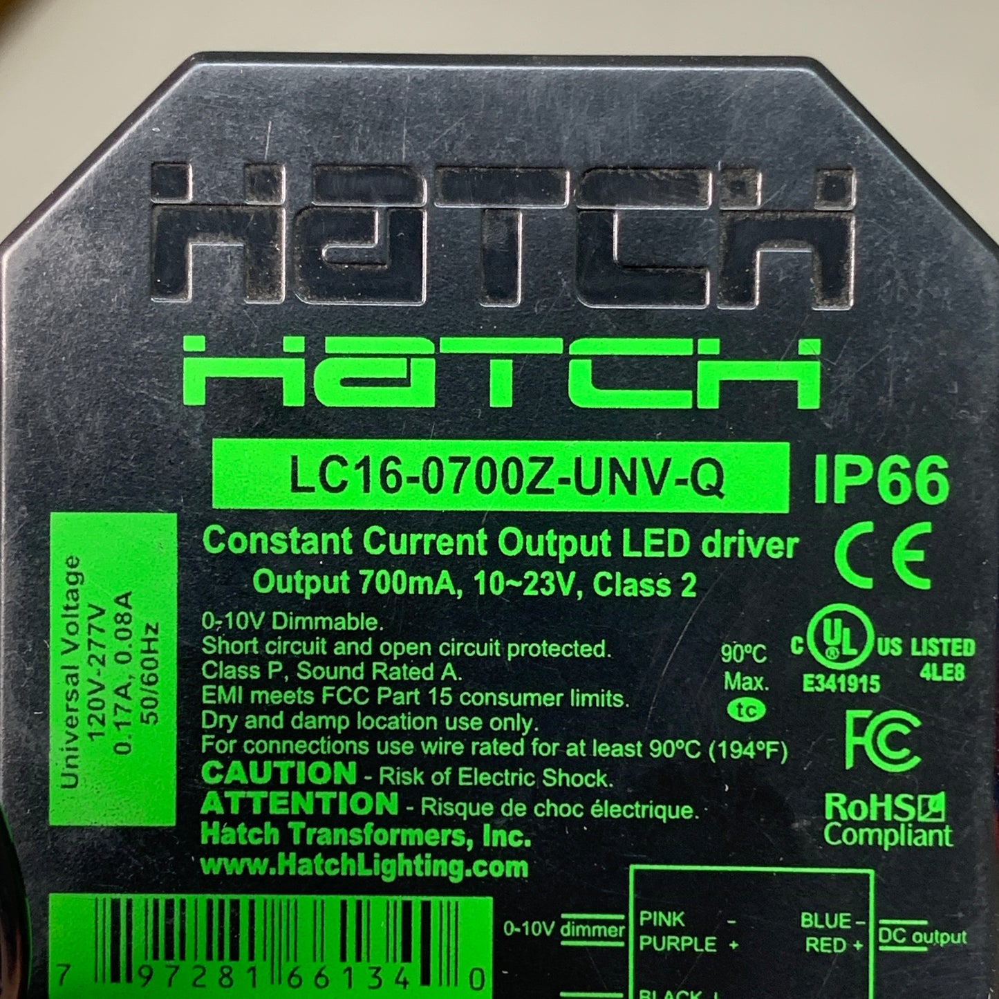HATCH LC16-0700Z-UNV-Q Constant Current Output LED Driver (New)