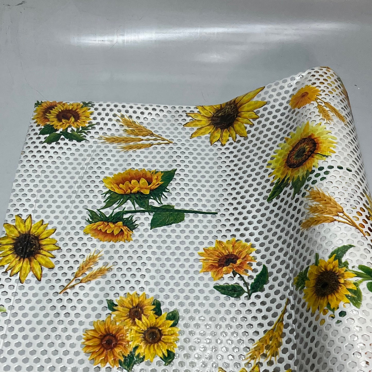 PVC Glossy Hexagon Lace Sunflower Dinning Tablecloth 54"x60' White/Yellow