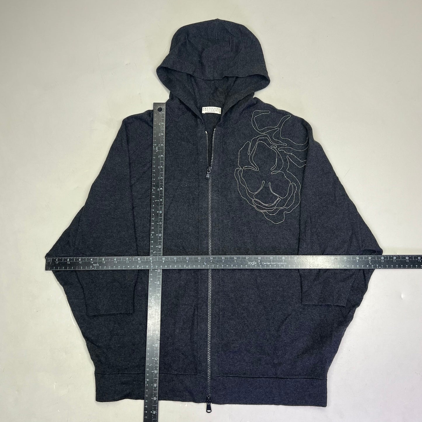 BRUNELLO CUCINELLI Mid Sleeve Cashmere Sweater Flower Detail Women's Sz L Grey