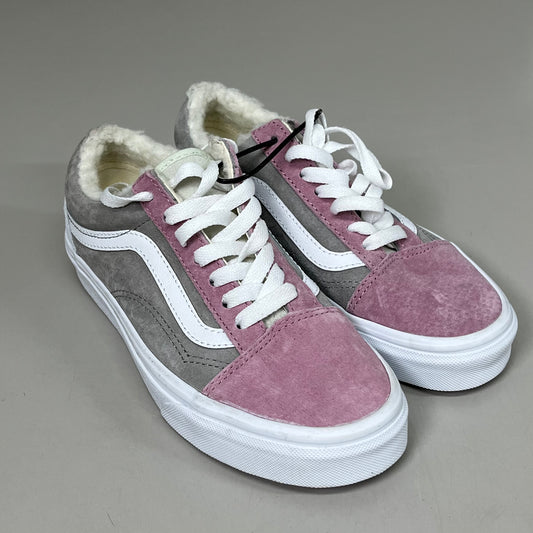 VANS Old Skool Leather & Pig Suede Sherpa Sneakers Womens 5.5 Mens 4.0 Pink Grey