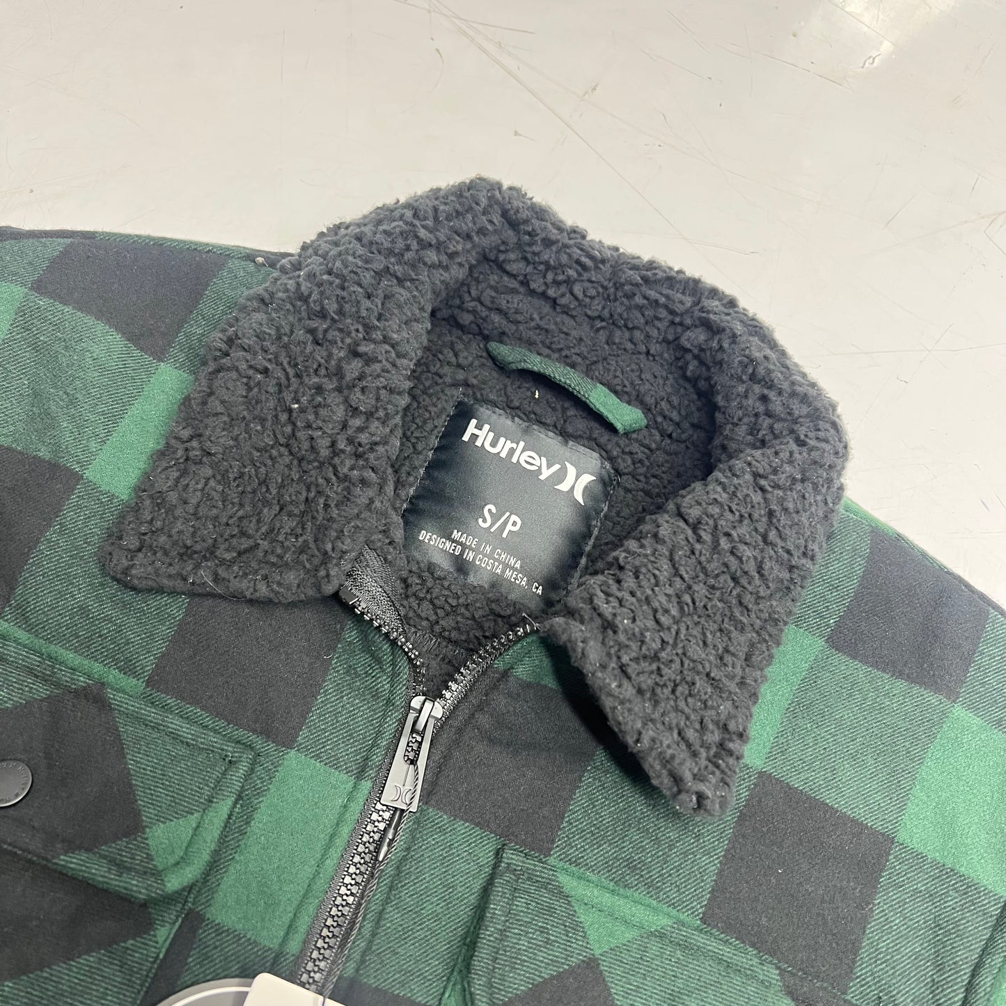 HURLEY Colt Sherpa Full Zip Jacket Men's Sz S Green/Black Plaid H6N491F4