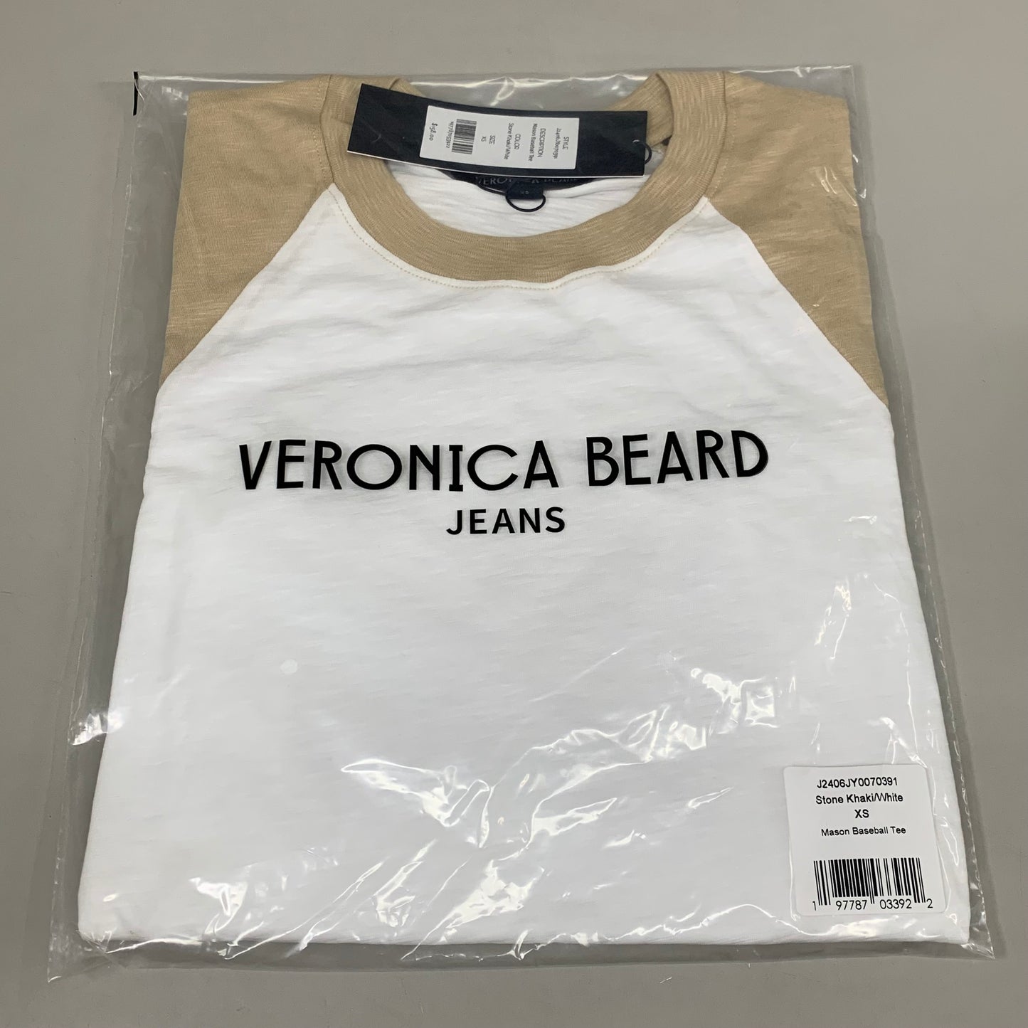 VERONICA BEARD Jeans Women's Mason Baseball Tee Sz-XS Stone Khaki/White