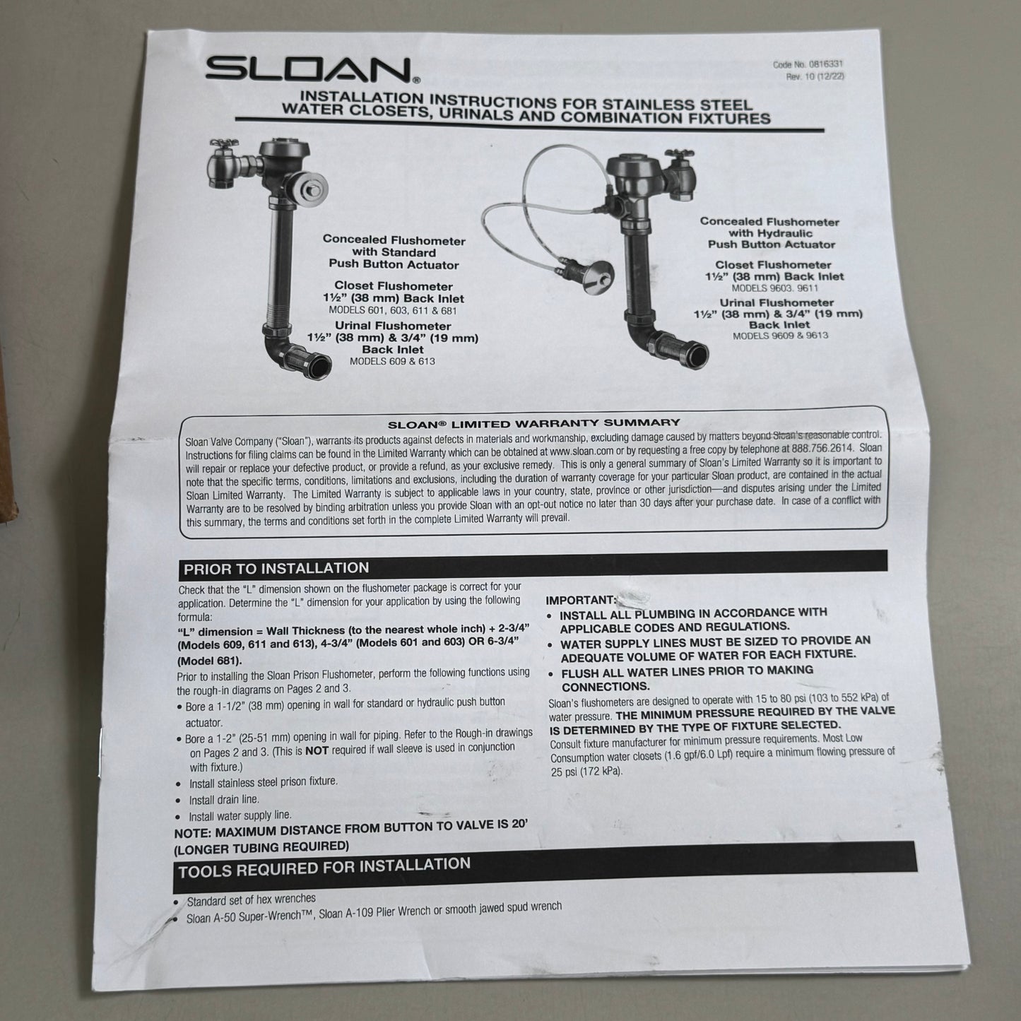 SLOAN Single-Flush Manual Concealed Flushometer Gold 9603-1.28 (New Other- (Distressed Packaging))