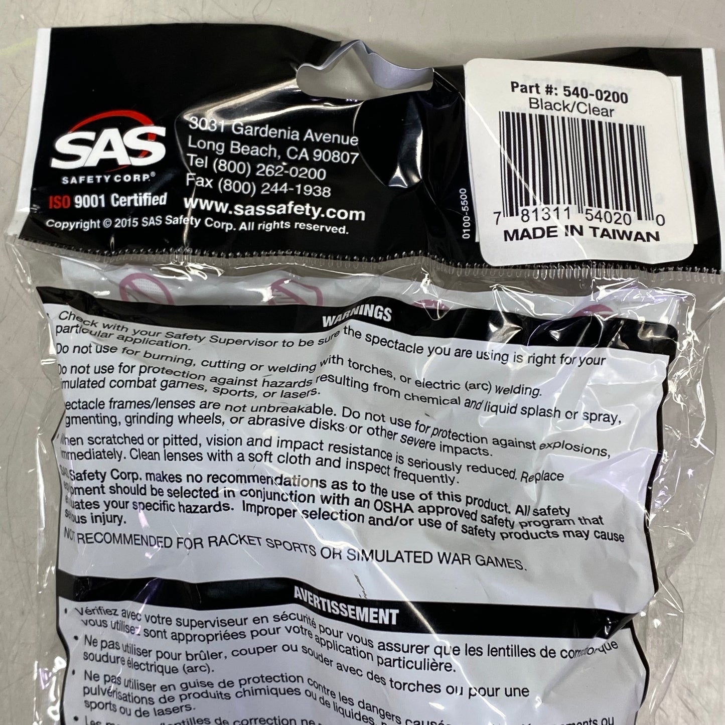 SAS SAFETY CORP (12 PACK) Premium Safety Eyerwear Black Frame/Clear Lens 540-0200