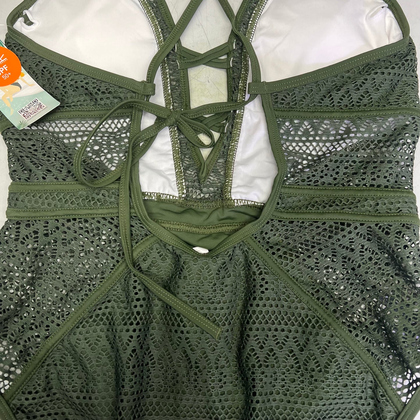 CHARMO Solid Cross Plunge Crochet One Piece Swimsuit Women's Sz M Olive Green