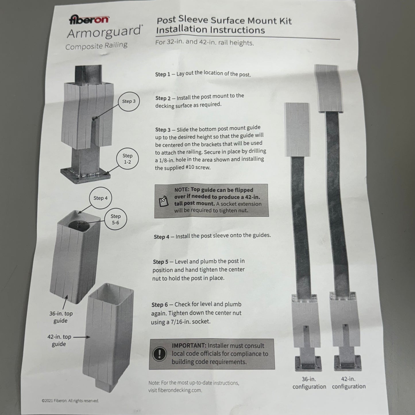 FIBERON, Armorguard Post Sleeve Surface Mount 36" x 42" White