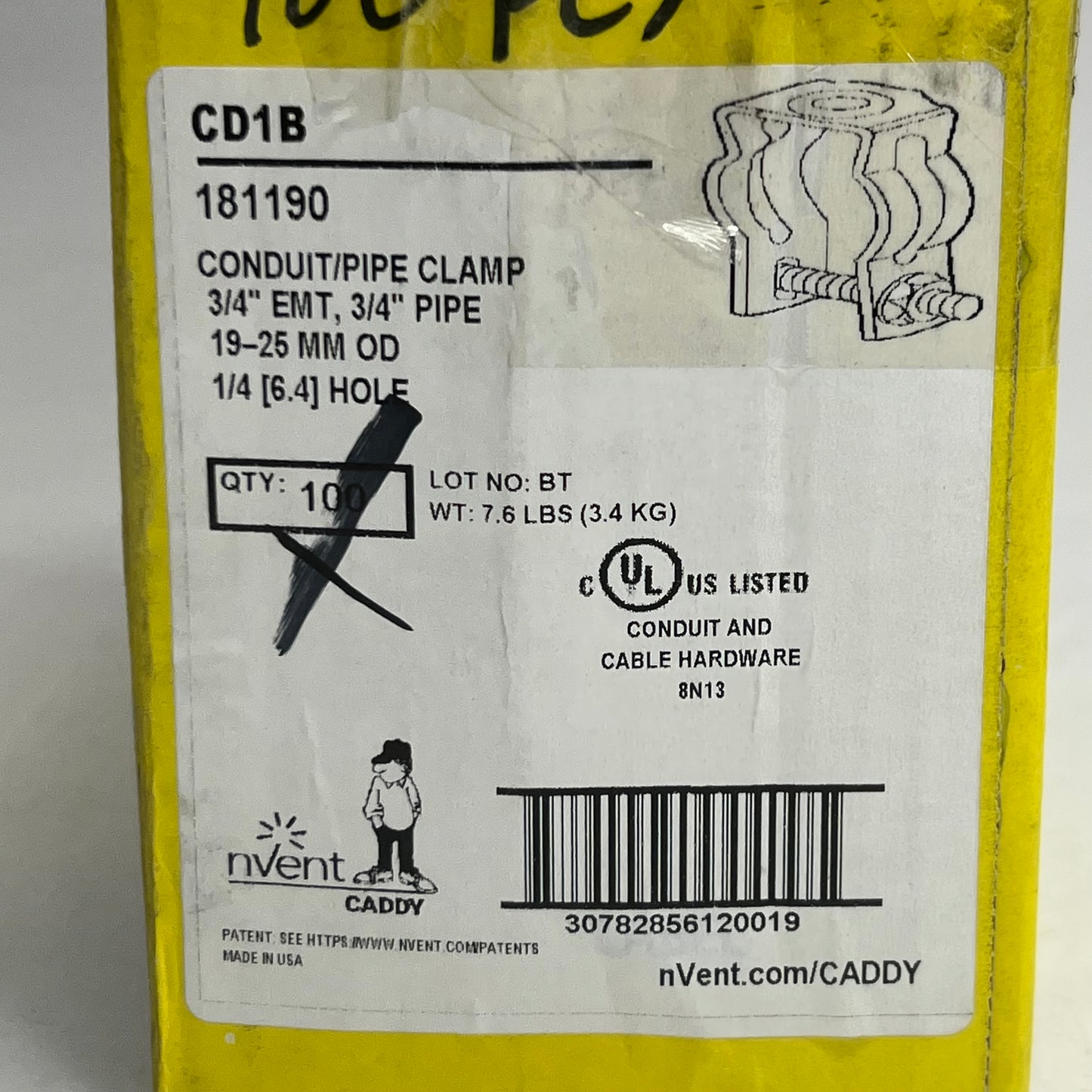 NVENT CADDY (100 Clamps) Conduit/Pipe Clamps Sz 3/4" Emt, 3/4" Pipe, 1/4 Hole CD1B