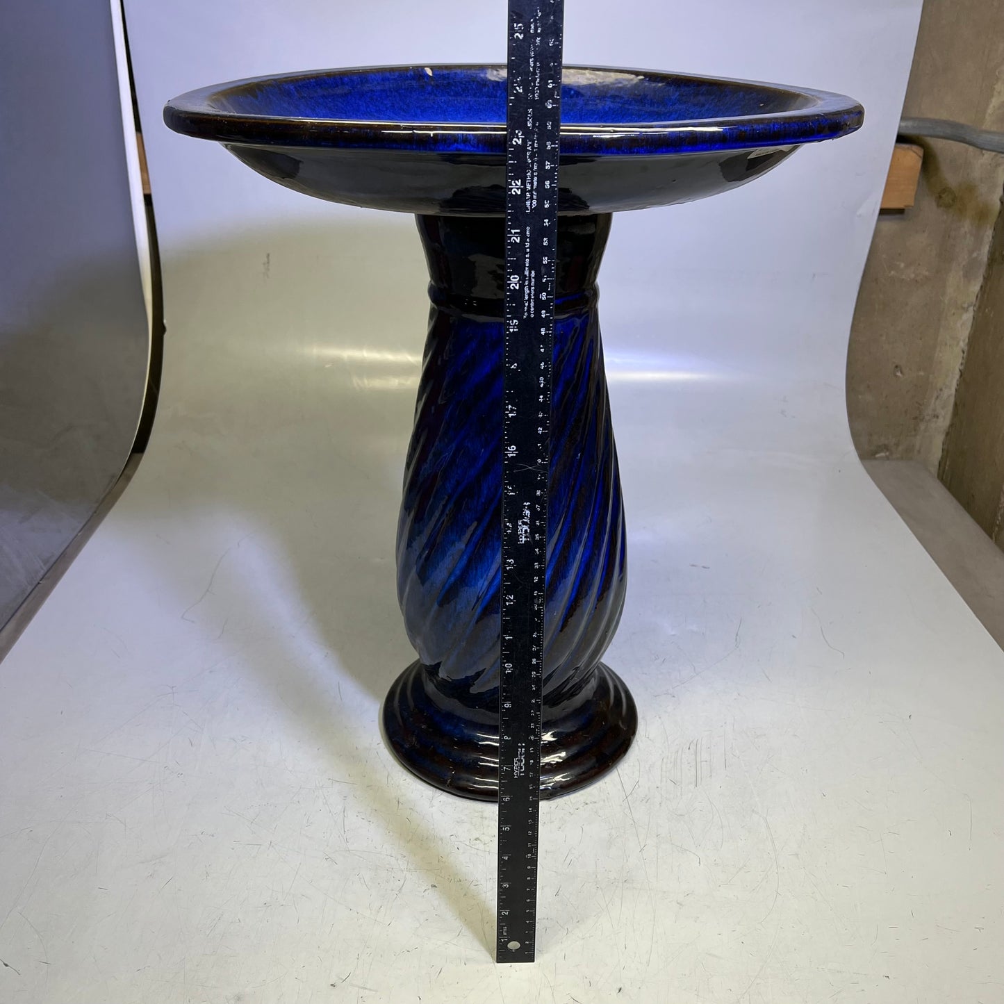 ZA@ Glazed Pottery 2 Piece Swirl Stand Bird Bath 22" L x 20" Dia Deep Blue
