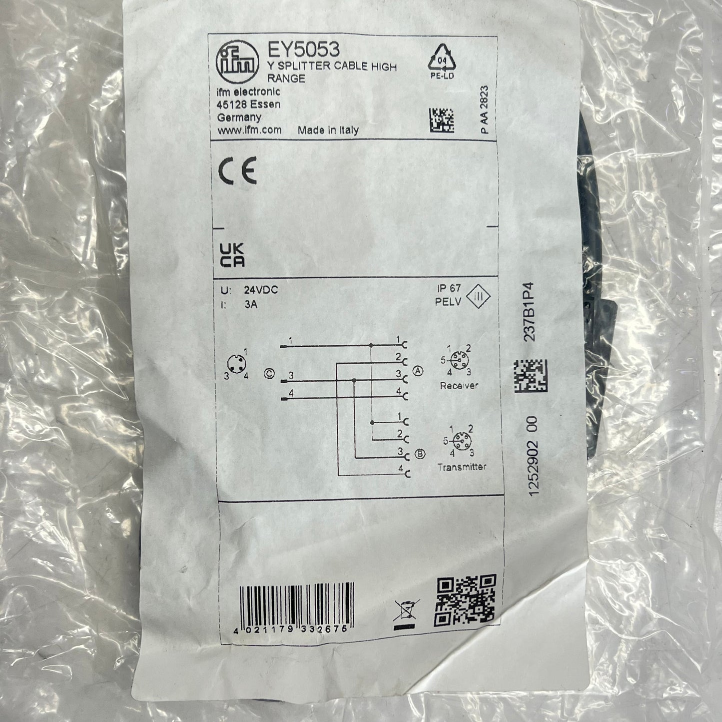 IFM Electronics Y Splitter Cable High Range Wide Operate Temp Range 24DC EY5053