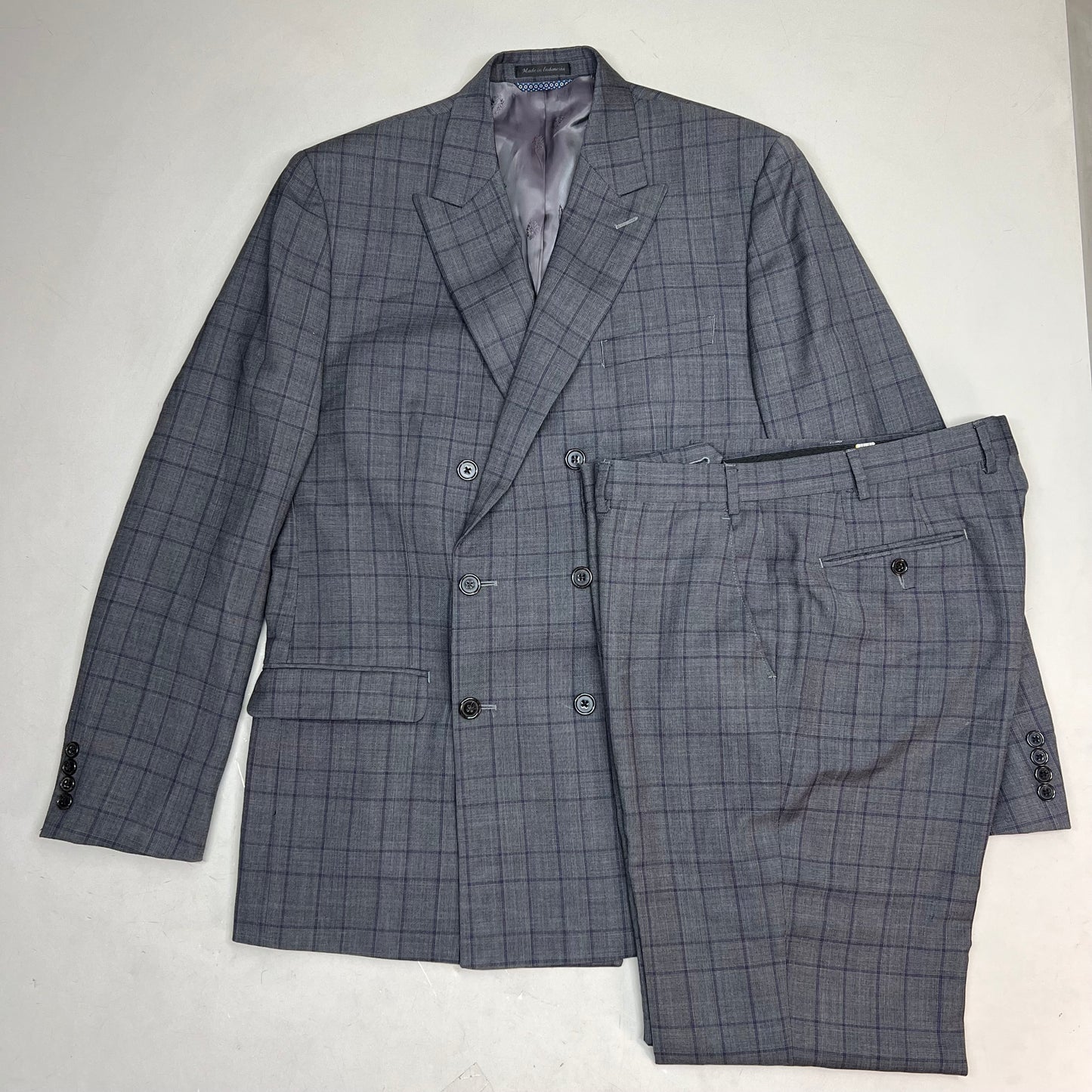 RALPH LAUREN  70% Wool Hand Tailored Suit Set Men's Sz 42 L Grey Purple Plaid (Pre-Owned)