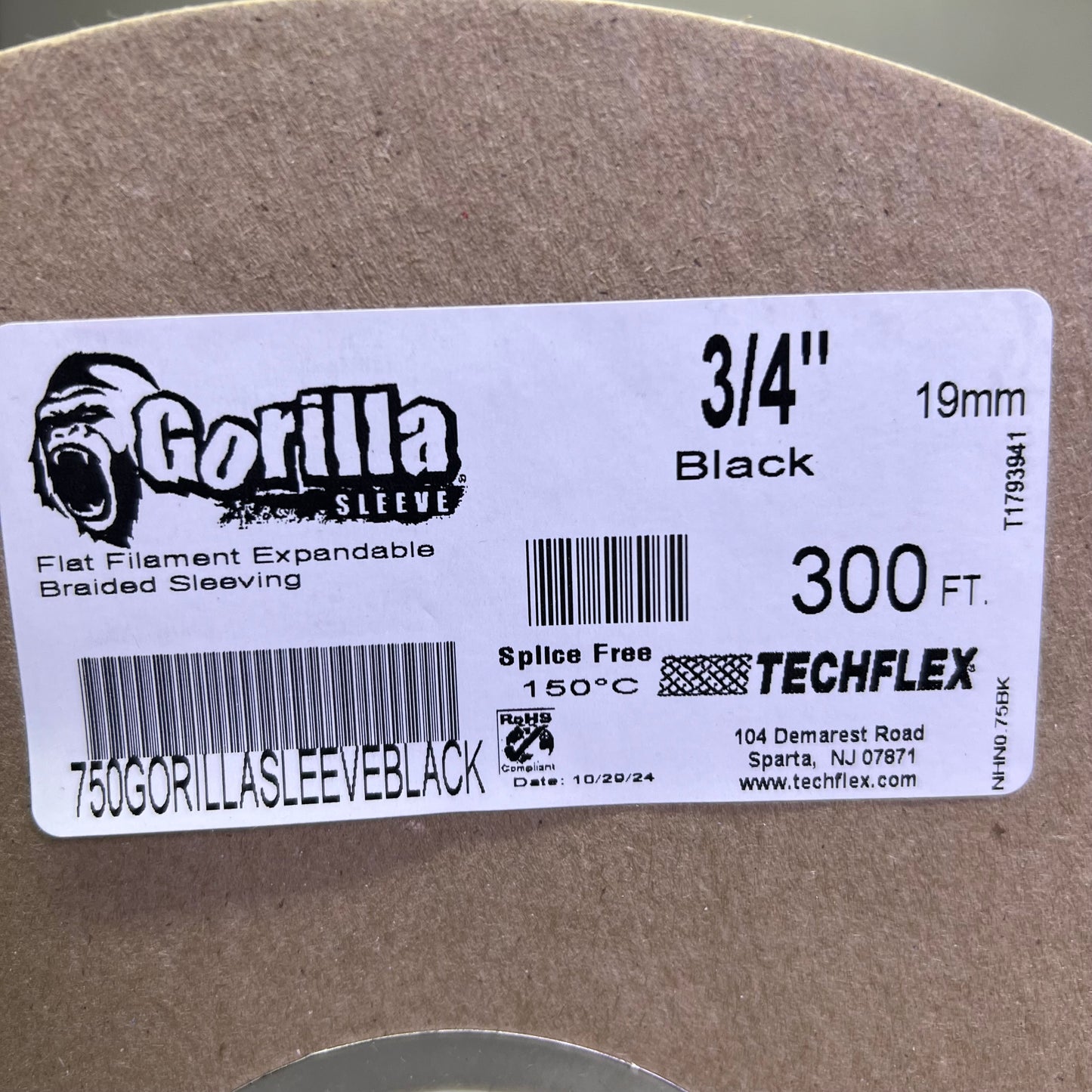 GORILLA Flat Filament Expandable Braided Sleeving Sz 300 ft x 3/4", Black