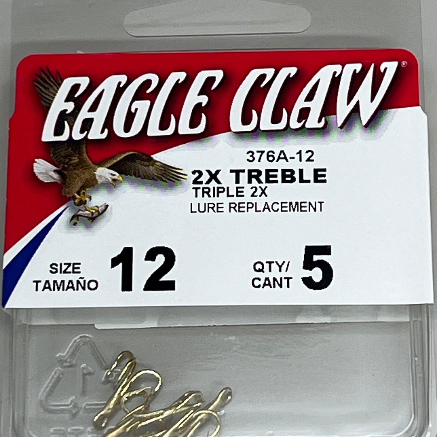 EAGLE CLAW (5 PACK) Curved Point 2X Treble Hook Lure Repla Gold #12 5pc 376A-12