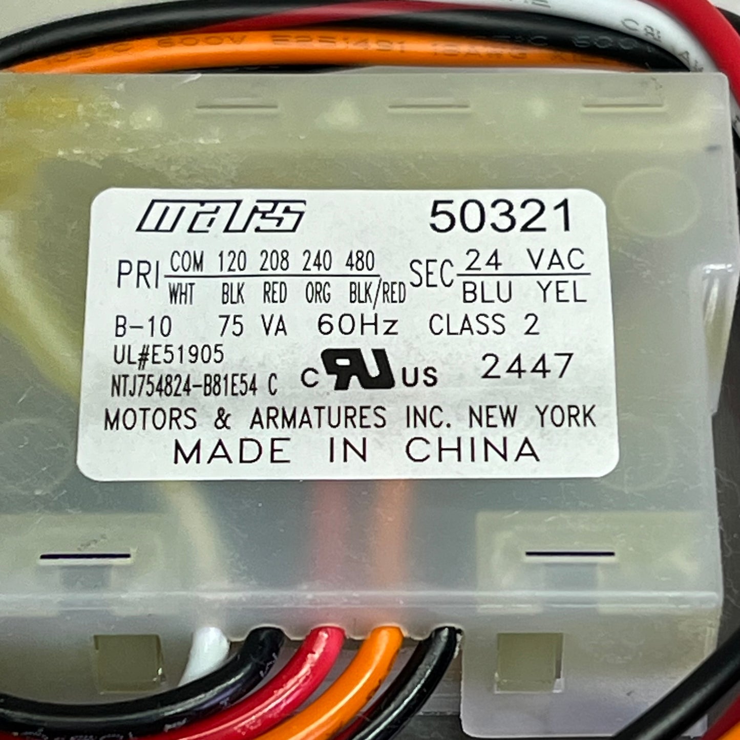 MARS 503 Series Foot Mount Transformer 24V w/ Wire Leads Breaker  75VA 50321