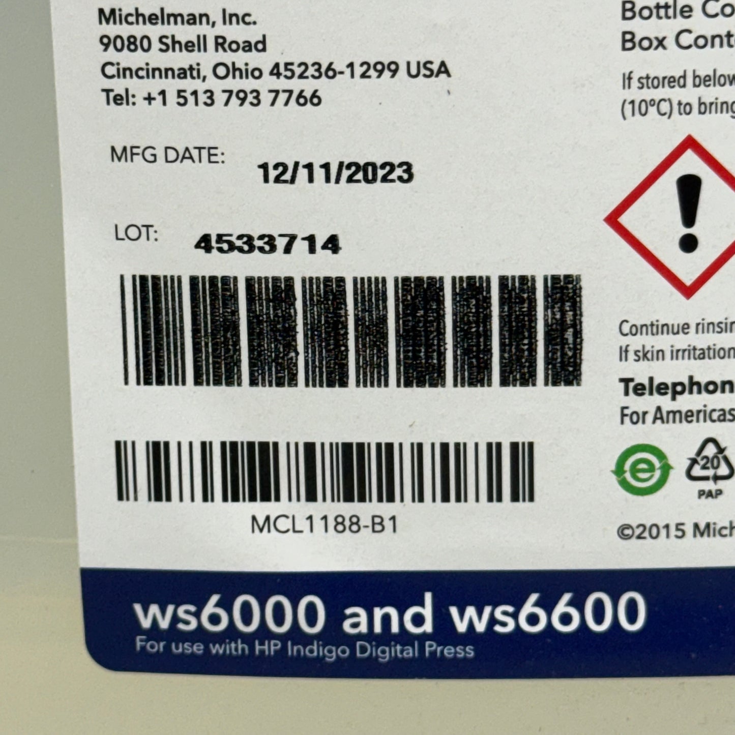 MICHELMAN Michem Clean 1188 WS6000 and WS6600 9 1/2”Hx8”Lx5”W White Bottle