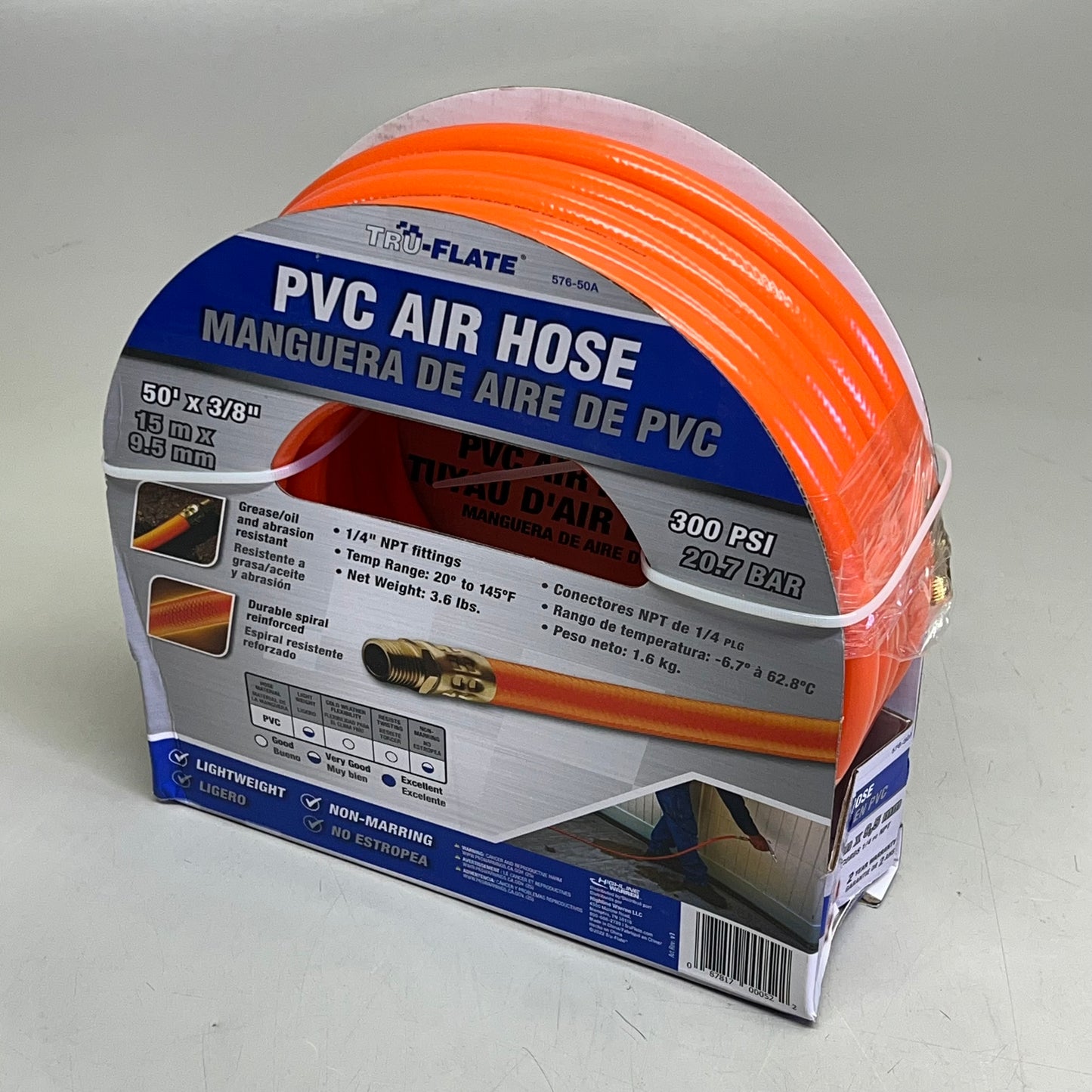 TRU-FLATE PVC Air Hose 1/4" NPT Fittings 300 PSI 50' x 3/8" Orange 576-50A