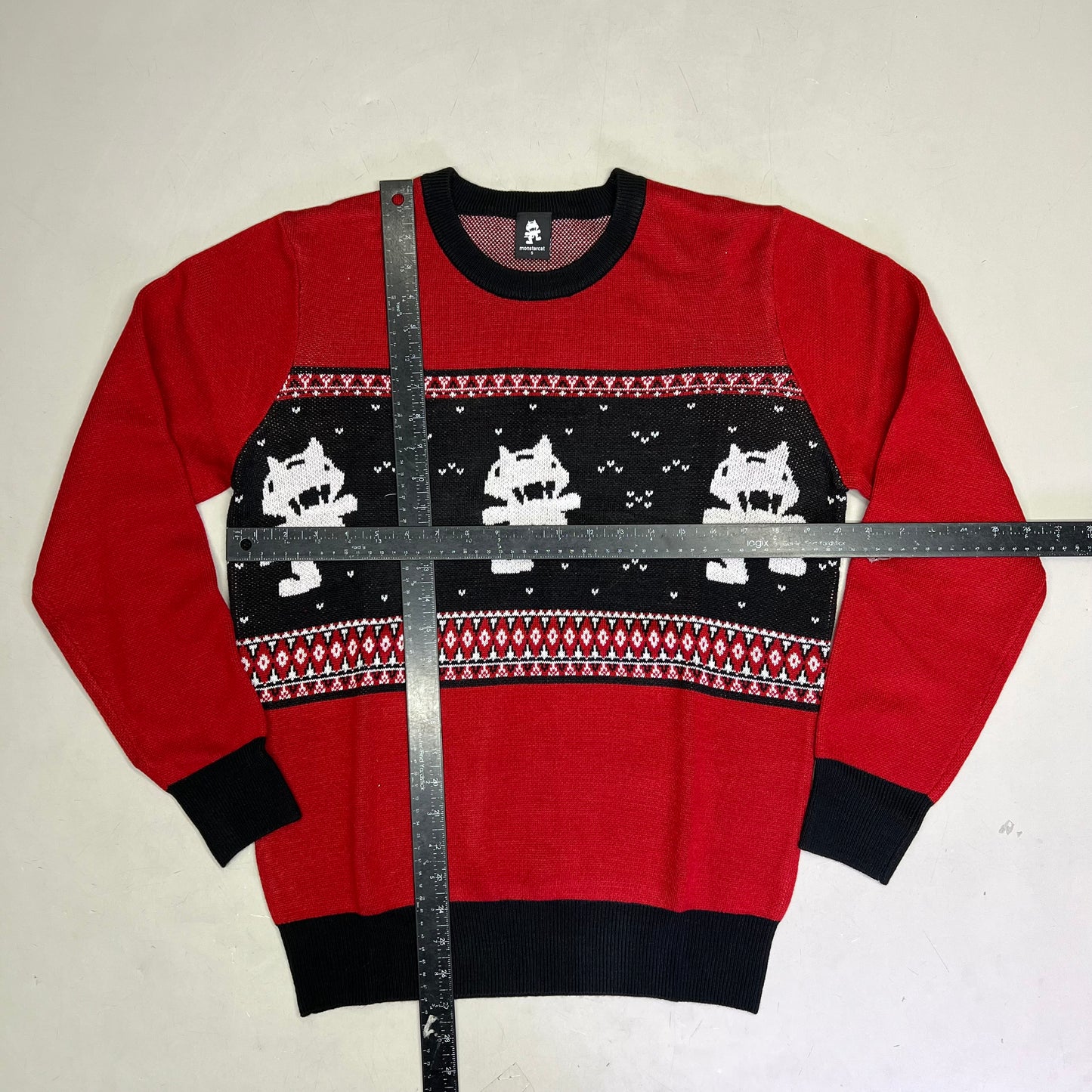 MONSTERCAT Records Holiday Intarsia Pullover Sweater Men's Sz S Deep Red/Black