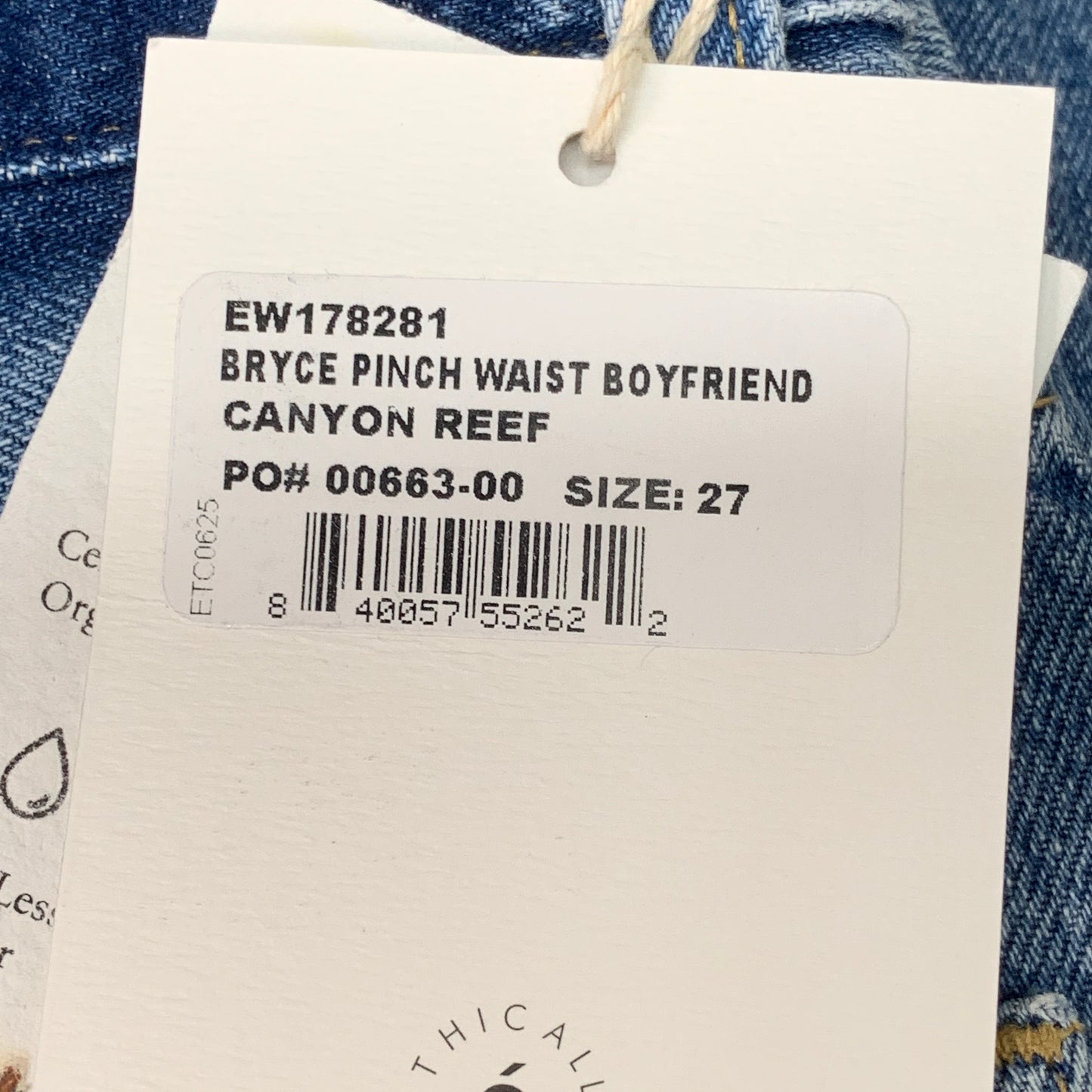 ETICA Bryce Pinch Waist Boyfriend Pant Canyon Reef Certified Organic Size 27 EW178281