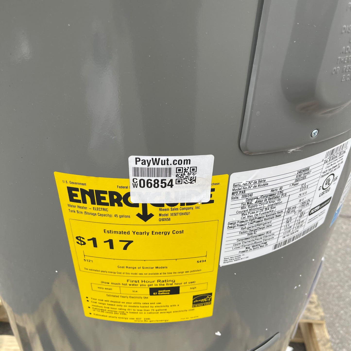 Z@ RHEEM Hybrid Electric Water Heater 50 gal Grey XE50T10H45U1 (New, Small Dent)