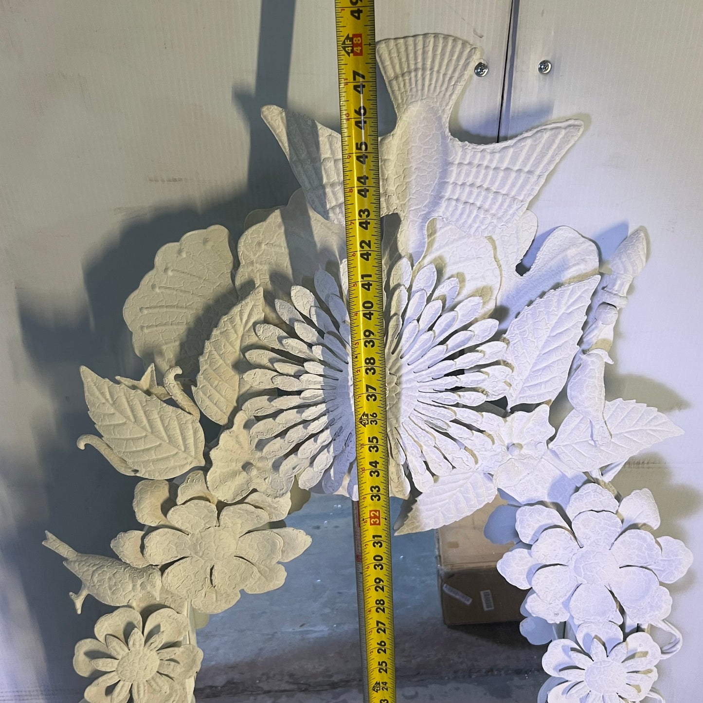 CREATIVECO-OP Wood Frame Mirror with Metal Flowers 49-1/4"H x 23.5"W Antique White DF7985 (New Other, Distressed Box)