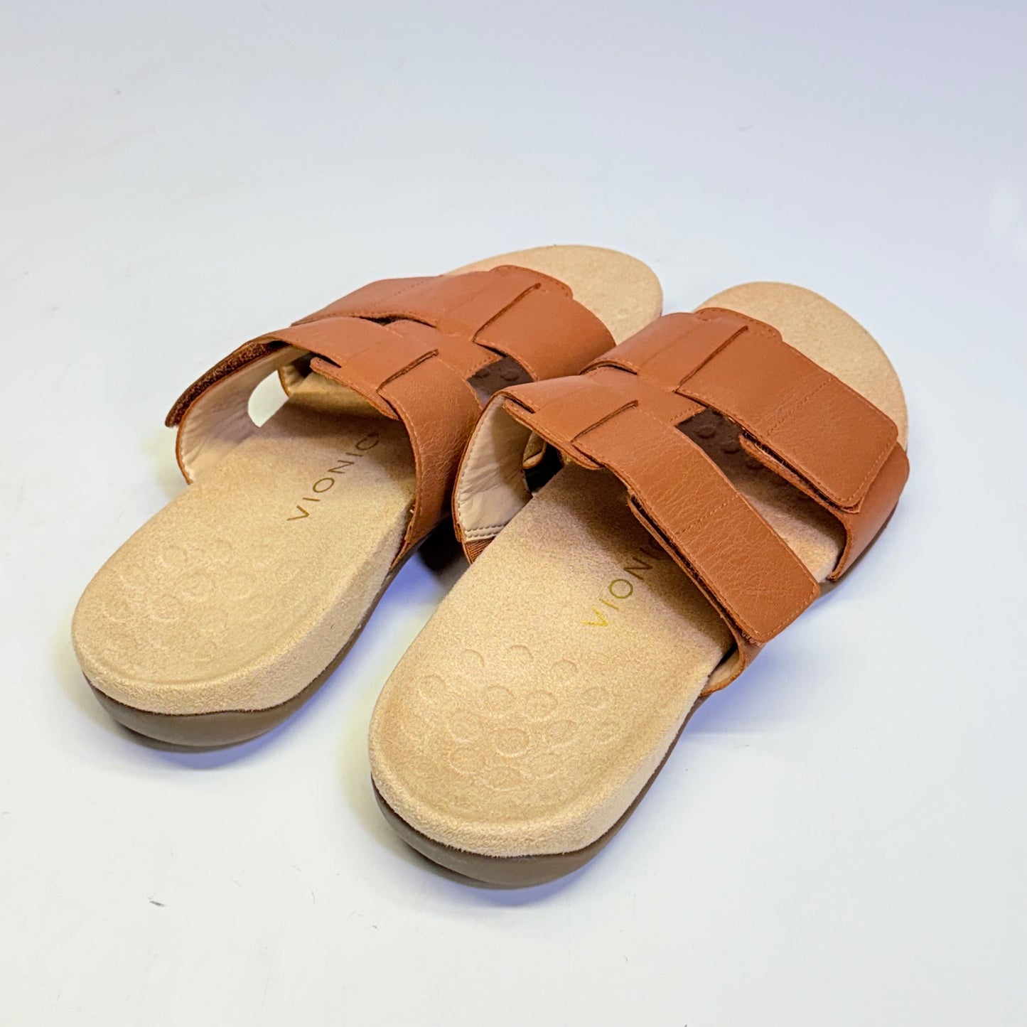 VIONIC Riley Sandals Leather Adjustable Slide Sz 9-1/2 Wide Tan #687 New