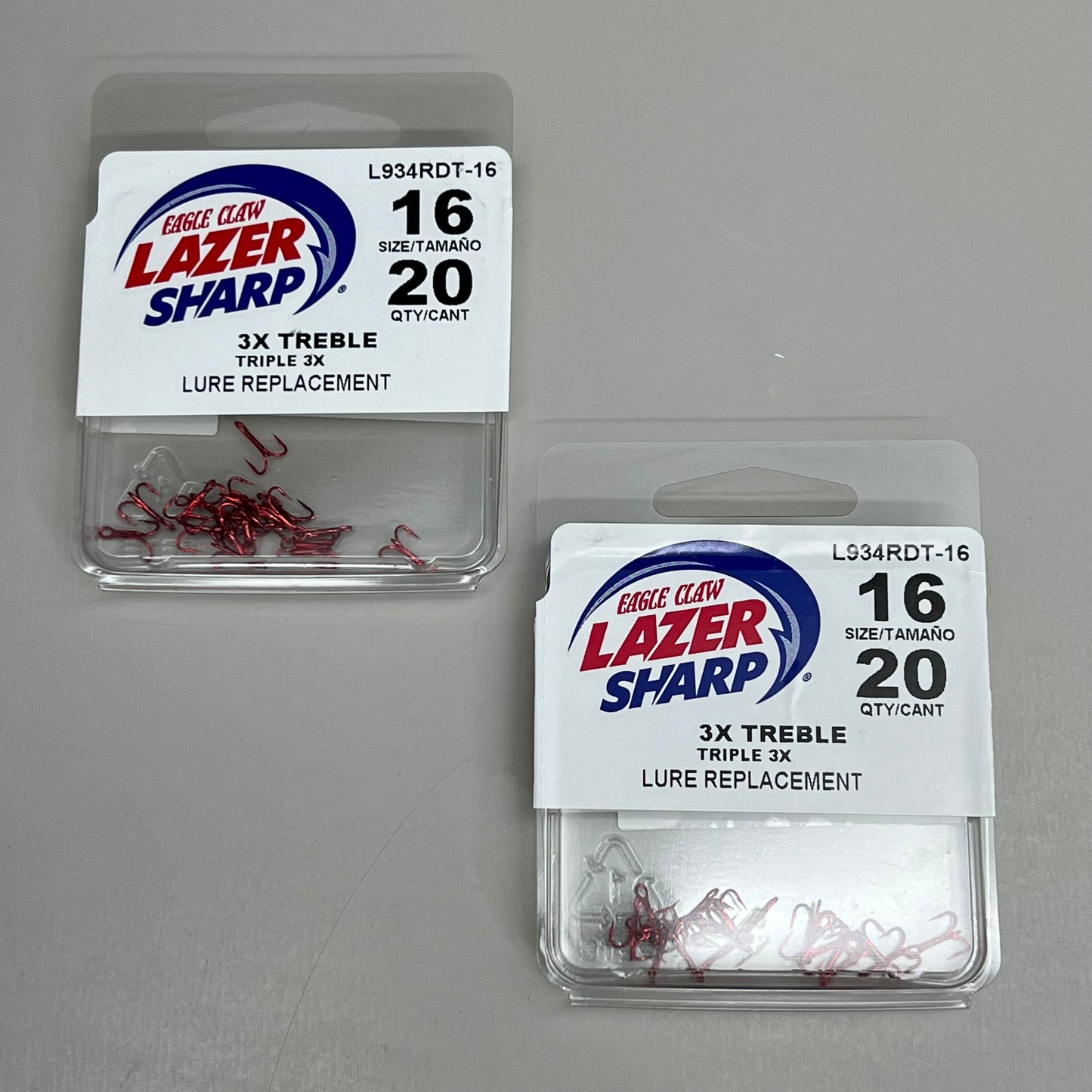 EAGLE CLAW (2 PACK) 3X Treble Regular Round Bend Hook Red #16 20pc L934RDT-16