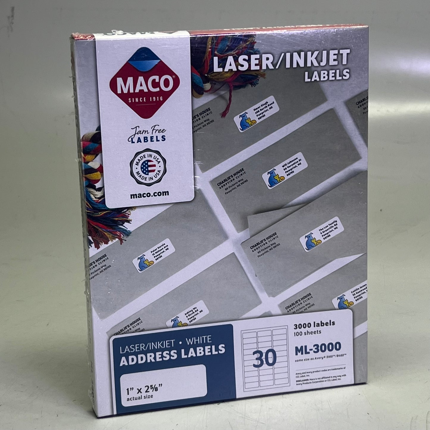 MACO (3000 Labels) Bright White Label Stock 1" x 2 5/8" White ML-3000