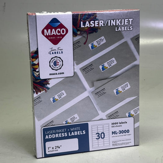 MACO (3000 Labels) Bright White Label Stock 1" x 2 5/8" White ML-3000
