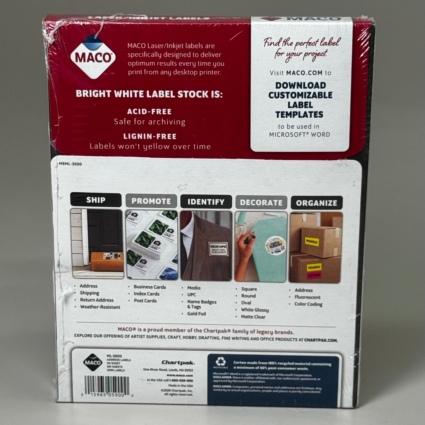 MACO (100 SHEET,3000 LABELS TOTAL) Jam-Free Laser/Inkjet Labels 1"x2 5/8" White